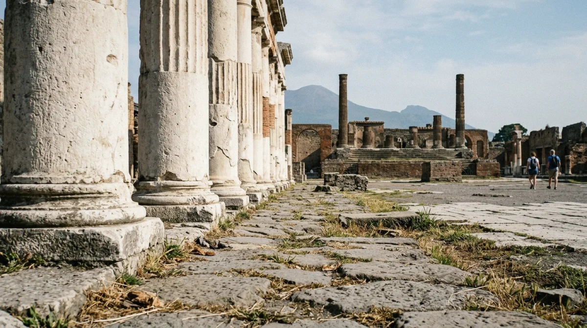 Broken limestone columns of the Forum colonnade with the Temple of Jupiter and Vesuvius behind, seen on a Pompeii tour from Rome, Italy