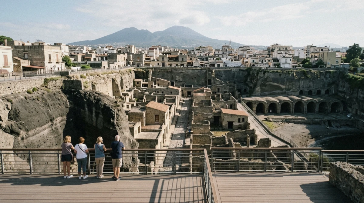 The Herculaneum excavation with two-storey Roman houses seen from the viewing terrace on a Pompeii and Herculaneum tour from Rome, Italy
