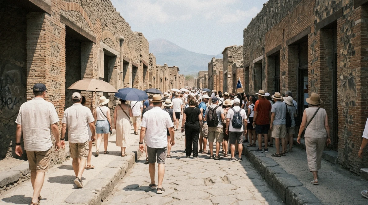 Visitors with sun hats walking down the basalt paving of Via dell'Abbondanza at midday on a Pompeii tour from Rome, Italy