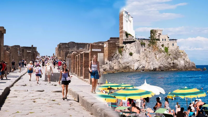 Visitors on a paved street of the ruins beside a Sorrento beach scene, the two halves of Pompeii tours from Rome that continue to Sorrento, Italy